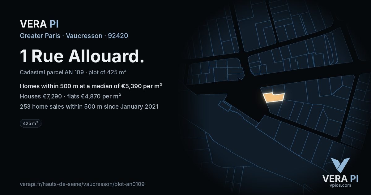 1 Rue Allouard, Vaucresson at night – the plot lit, the parcels around coloured by the prices near them