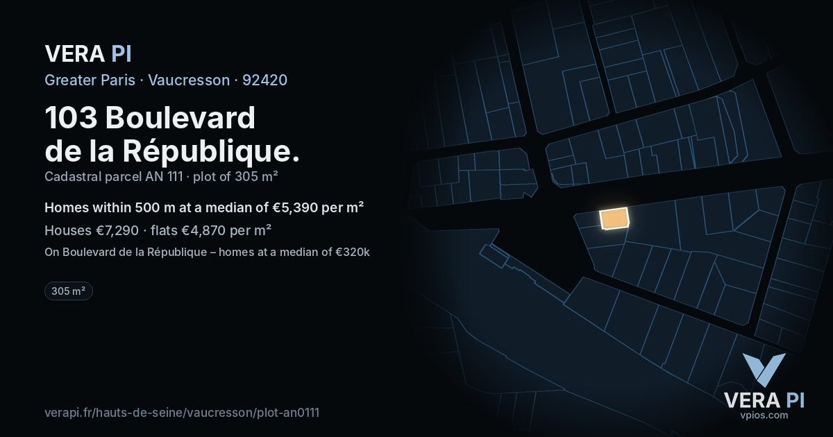 103 Boulevard de la République, Vaucresson at night – the plot lit, the parcels around coloured by the prices near them