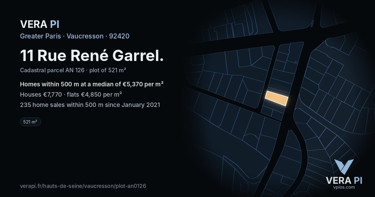 11 Rue René Garrel, Vaucresson at night – the plot lit, the parcels around coloured by the prices near them