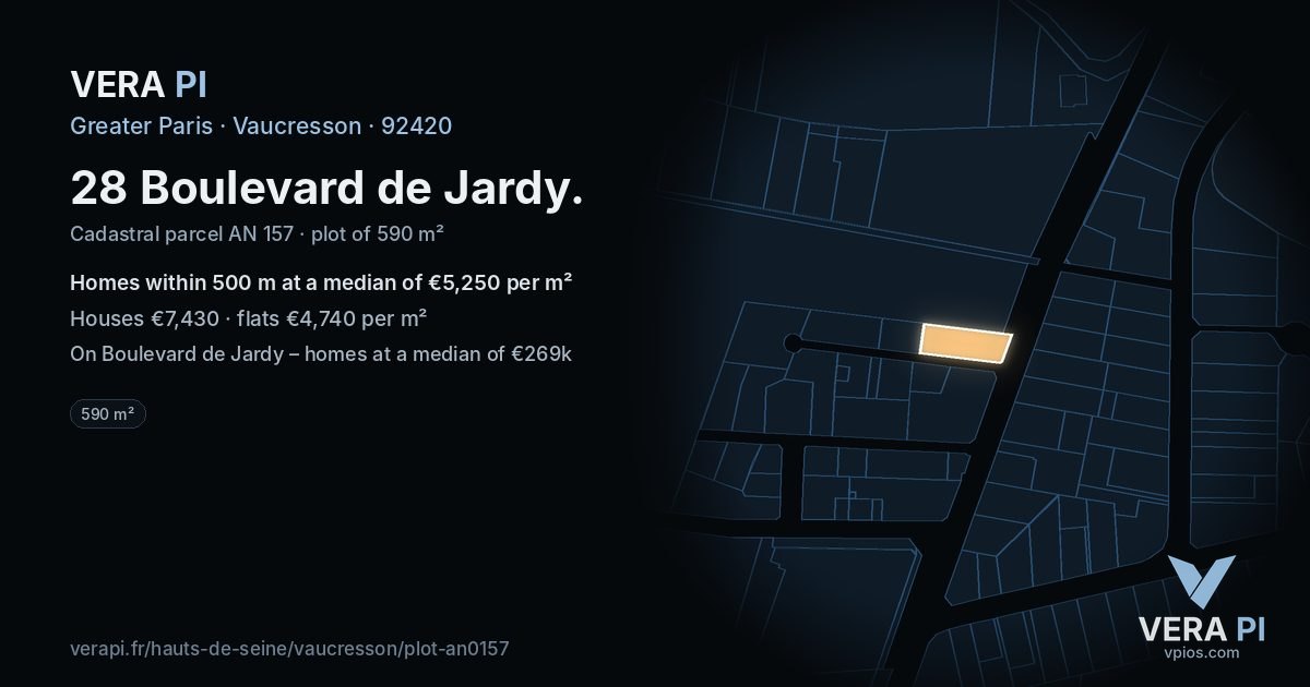 28 Boulevard de Jardy, Vaucresson at night – the plot lit, the parcels around coloured by the prices near them