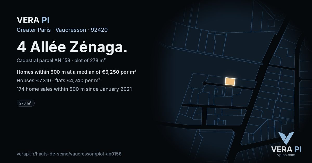 4 Allée Zénaga, Vaucresson at night – the plot lit, the parcels around coloured by the prices near them