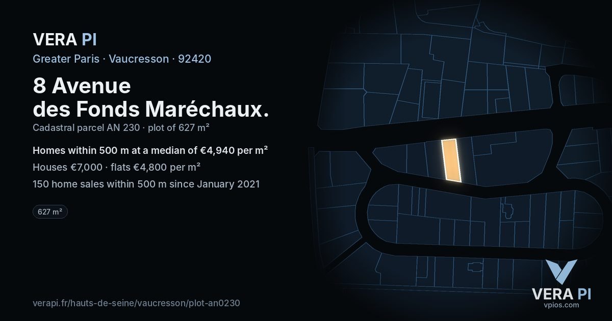 8 Avenue des Fonds Maréchaux, Vaucresson at night – the plot lit, the parcels around coloured by the prices near them