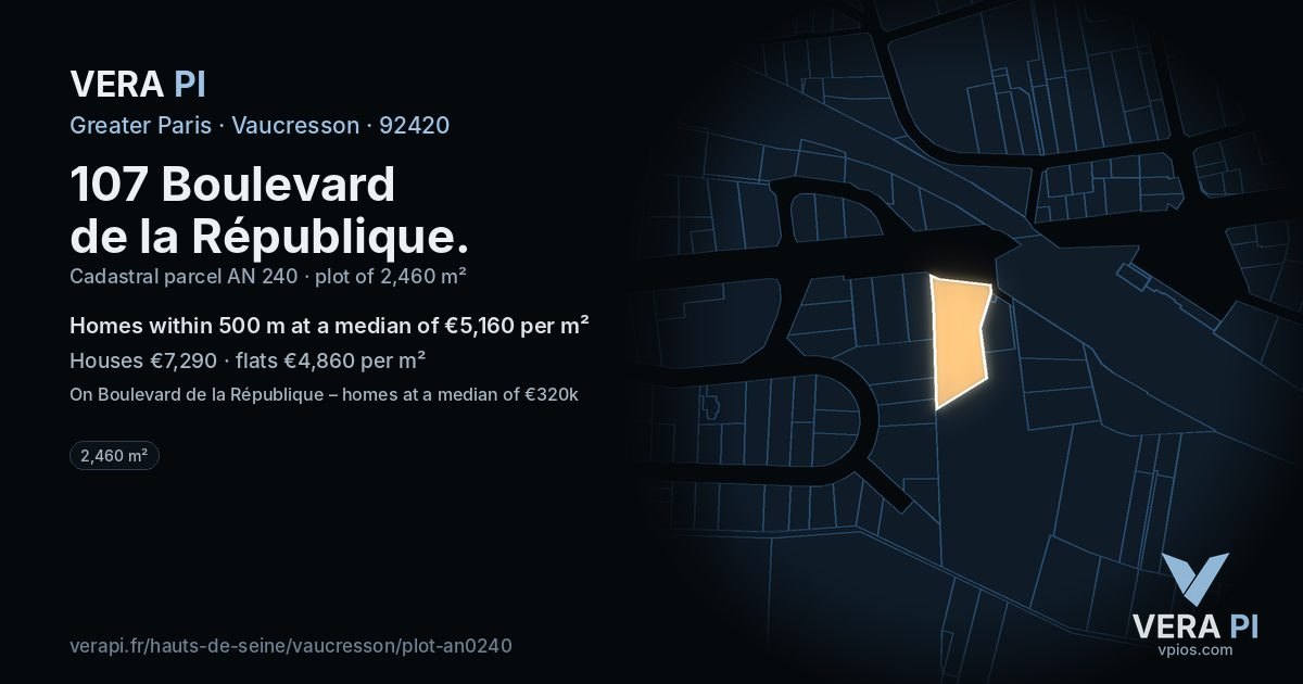 107 Boulevard de la République, Vaucresson at night – the plot lit, the parcels around coloured by the prices near them
