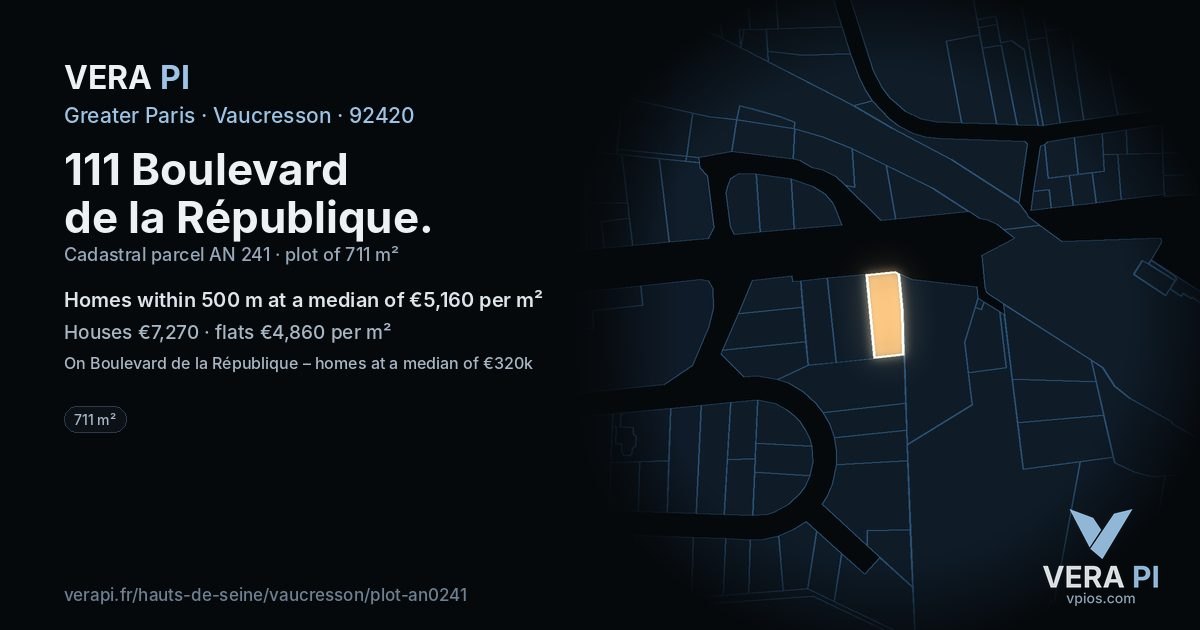 111 Boulevard de la République, Vaucresson at night – the plot lit, the parcels around coloured by the prices near them