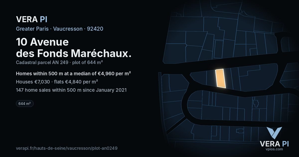 10 Avenue des Fonds Maréchaux, Vaucresson at night – the plot lit, the parcels around coloured by the prices near them