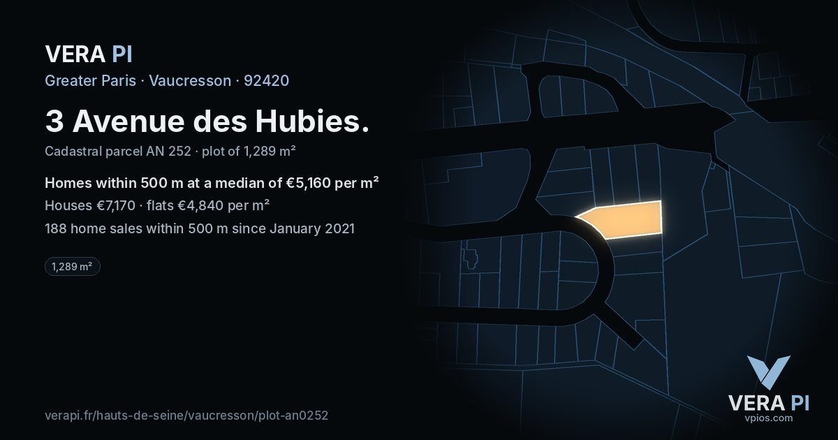 3 Avenue des Hubies, Vaucresson at night – the plot lit, the parcels around coloured by the prices near them