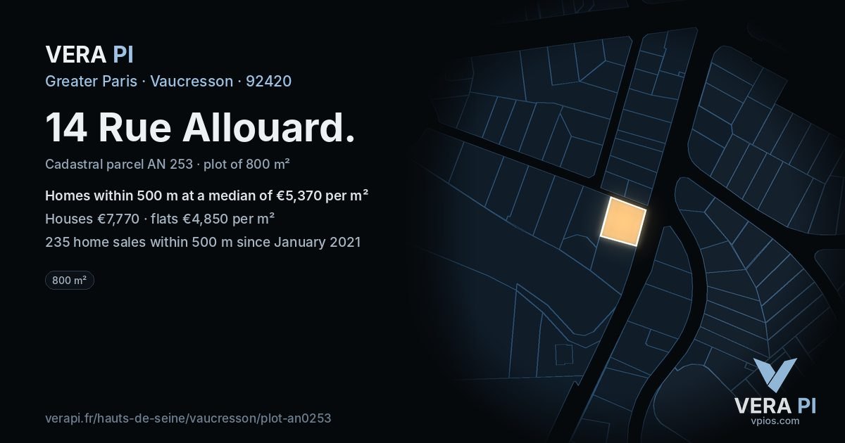 14 Rue Allouard, Vaucresson at night – the plot lit, the parcels around coloured by the prices near them