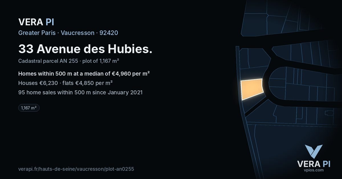 33 Avenue des Hubies, Vaucresson at night – the plot lit, the parcels around coloured by the prices near them