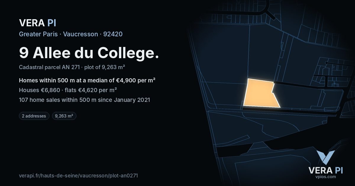 9 Allee du College, Vaucresson at night – the plot lit, the parcels around coloured by the prices near them