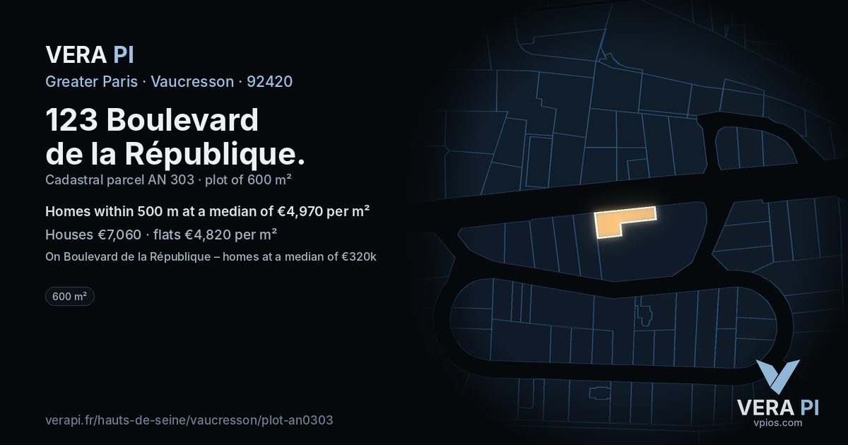 123 Boulevard de la République, Vaucresson at night – the plot lit, the parcels around coloured by the prices near them
