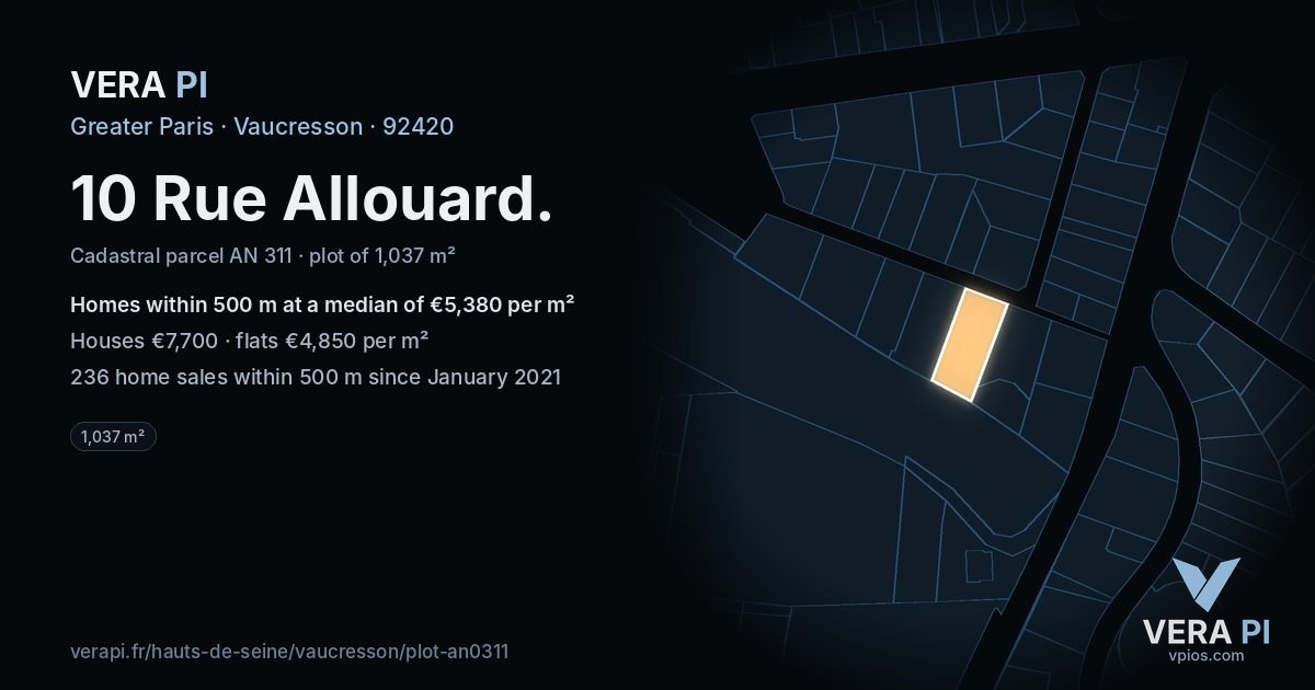10 Rue Allouard, Vaucresson at night – the plot lit, the parcels around coloured by the prices near them