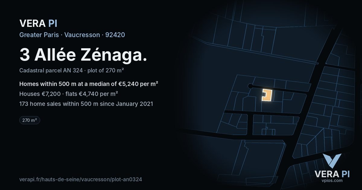 3 Allée Zénaga, Vaucresson at night – the plot lit, the parcels around coloured by the prices near them