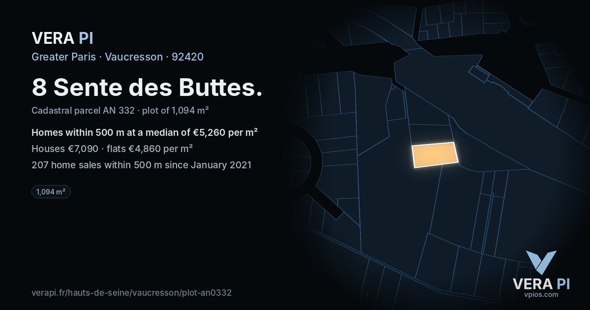 8 Sente des Buttes, Vaucresson at night – the plot lit, the parcels around coloured by the prices near them