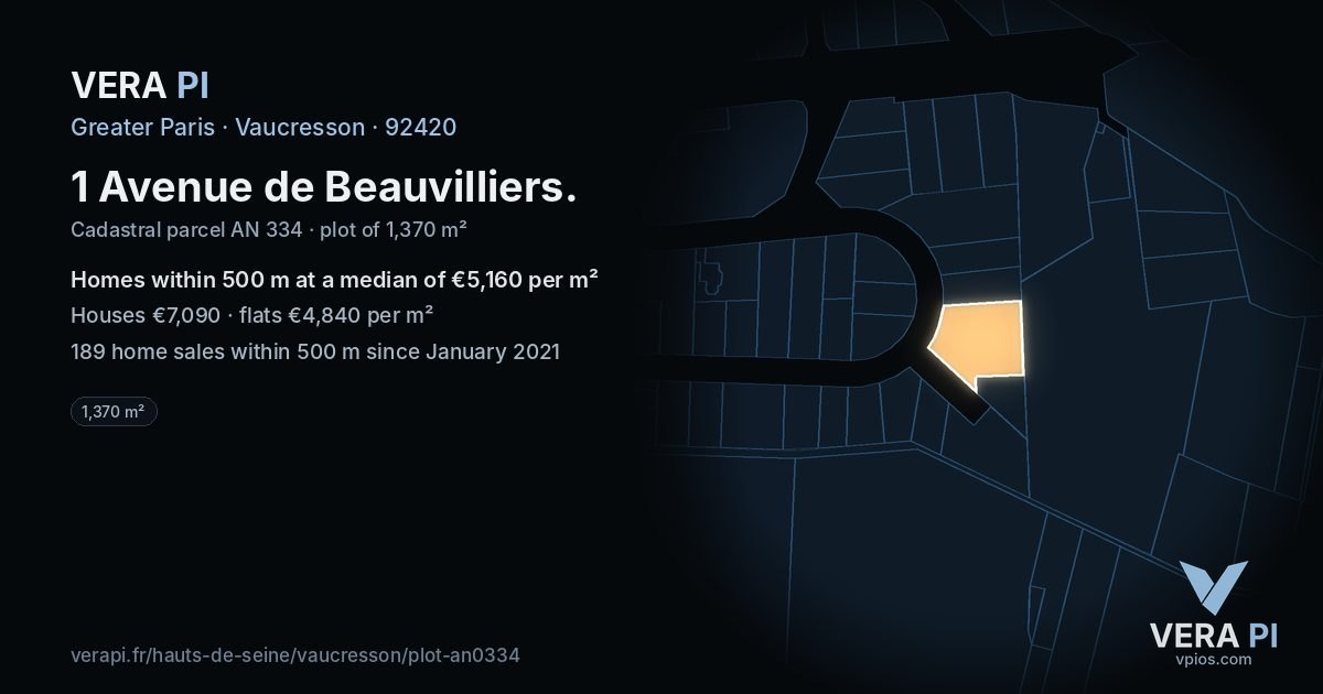 1 Avenue de Beauvilliers, Vaucresson at night – the plot lit, the parcels around coloured by the prices near them