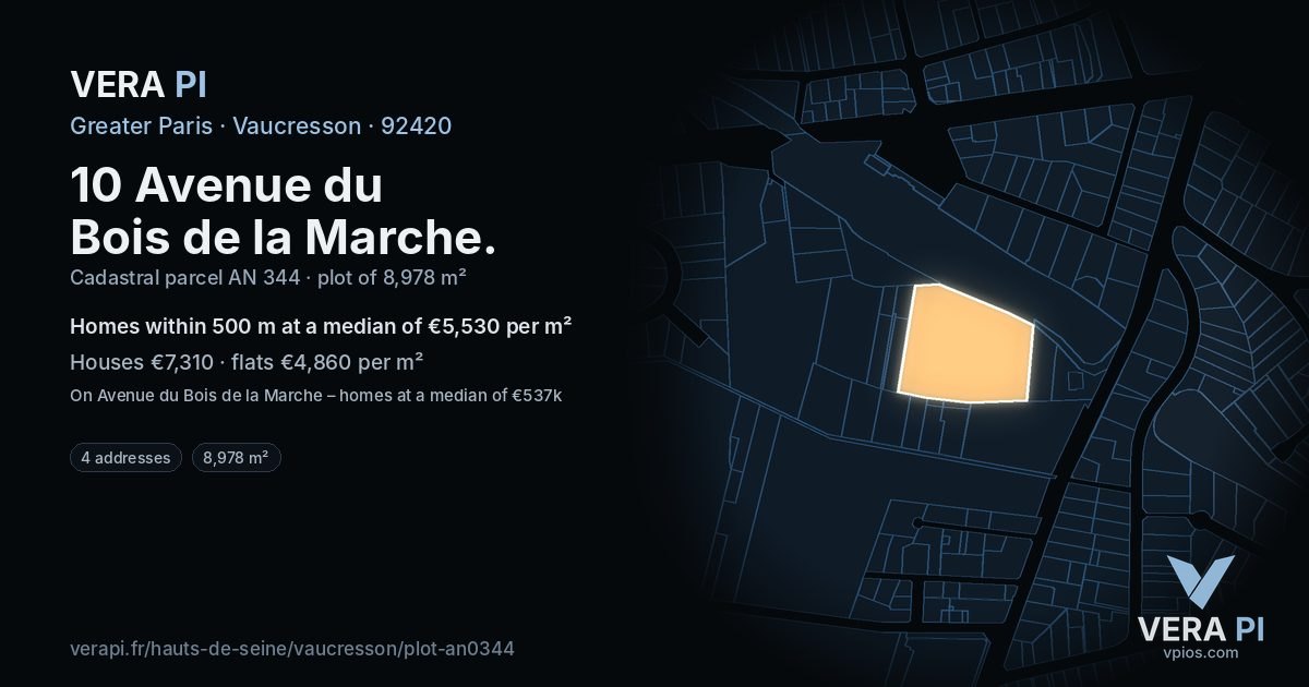10 Avenue du Bois de la Marche, Vaucresson at night – the plot lit, the parcels around coloured by the prices near them