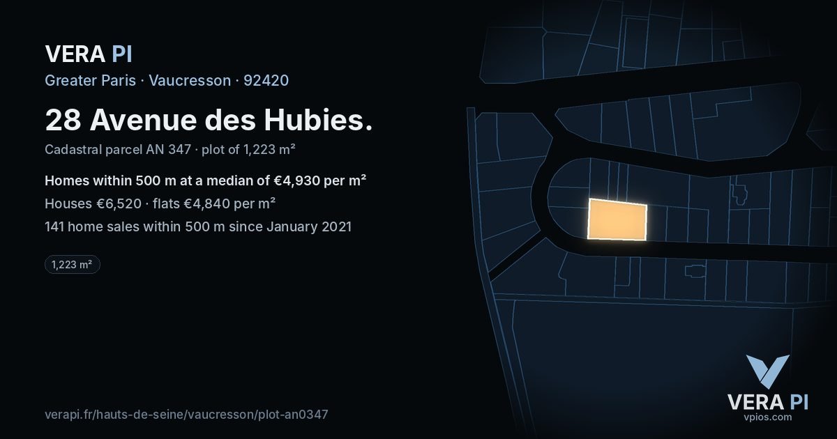 28 Avenue des Hubies, Vaucresson at night – the plot lit, the parcels around coloured by the prices near them
