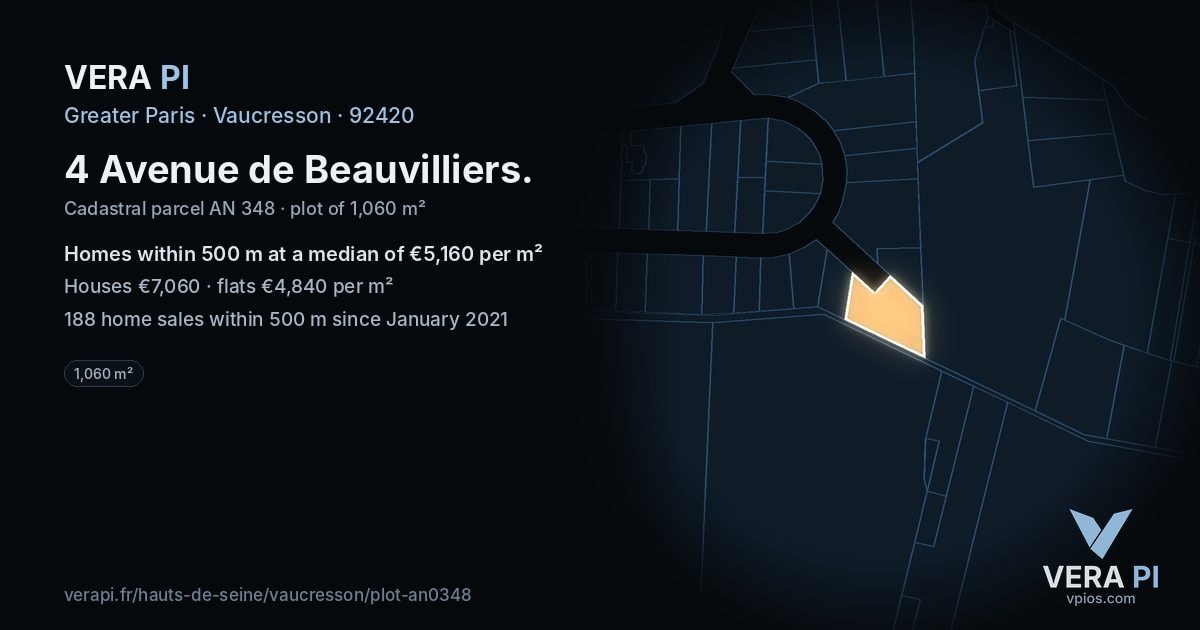 4 Avenue de Beauvilliers, Vaucresson at night – the plot lit, the parcels around coloured by the prices near them