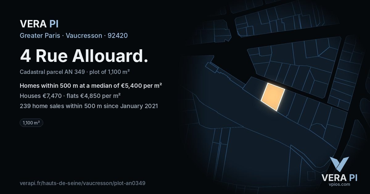 4 Rue Allouard, Vaucresson at night – the plot lit, the parcels around coloured by the prices near them