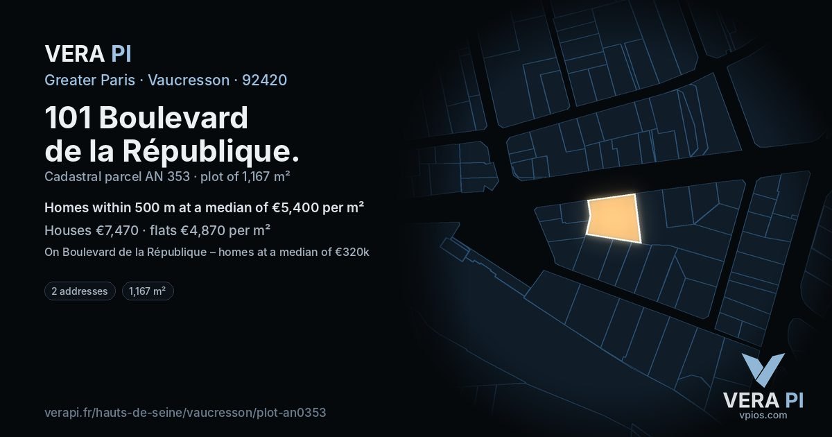 101 Boulevard de la République, Vaucresson at night – the plot lit, the parcels around coloured by the prices near them