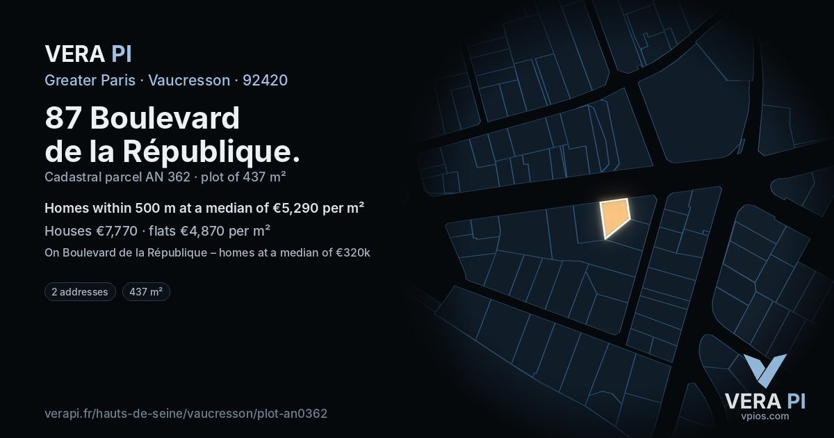87 Boulevard de la République, Vaucresson at night – the plot lit, the parcels around coloured by the prices near them