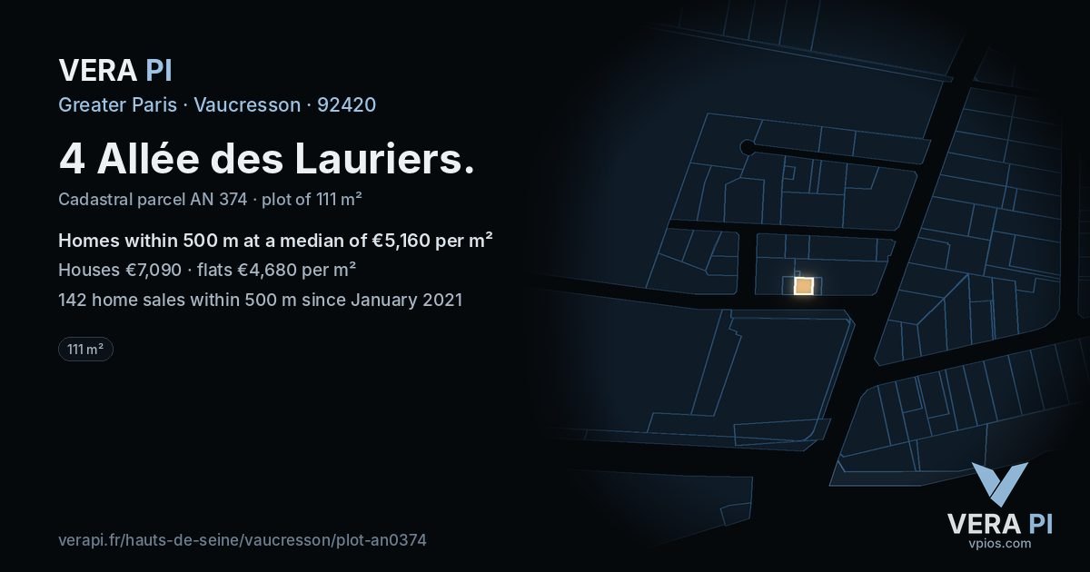 4 Allée des Lauriers, Vaucresson at night – the plot lit, the parcels around coloured by the prices near them