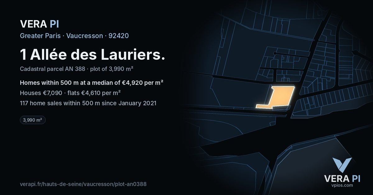 1 Allée des Lauriers, Vaucresson at night – the plot lit, the parcels around coloured by the prices near them