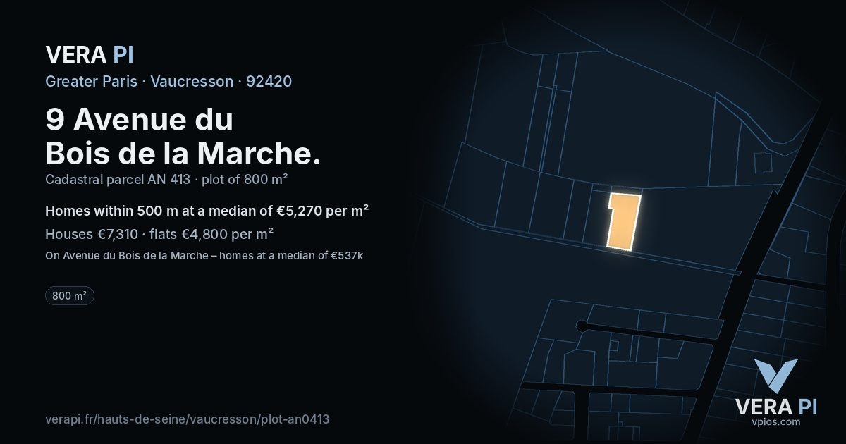 9 Avenue du Bois de la Marche, Vaucresson at night – the plot lit, the parcels around coloured by the prices near them