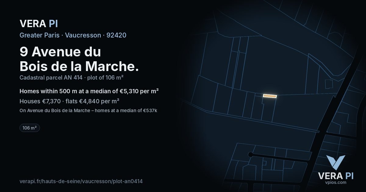 9 Avenue du Bois de la Marche, Vaucresson at night – the plot lit, the parcels around coloured by the prices near them