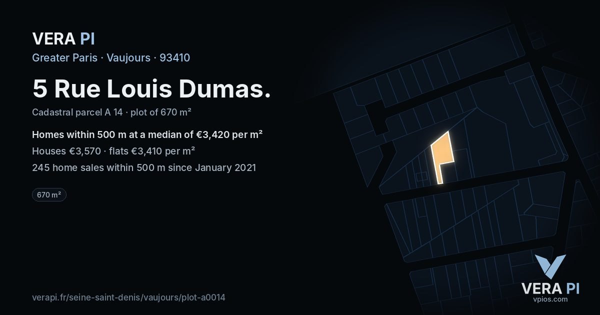 5 Rue Louis Dumas, Vaujours at night – the plot lit, the parcels around coloured by the prices near them