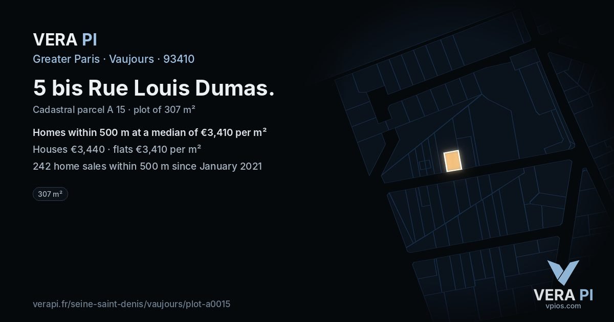 5 bis Rue Louis Dumas, Vaujours at night – the plot lit, the parcels around coloured by the prices near them