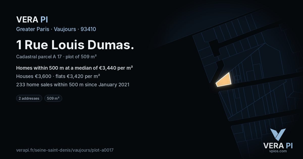 1 Rue Louis Dumas, Vaujours at night – the plot lit, the parcels around coloured by the prices near them