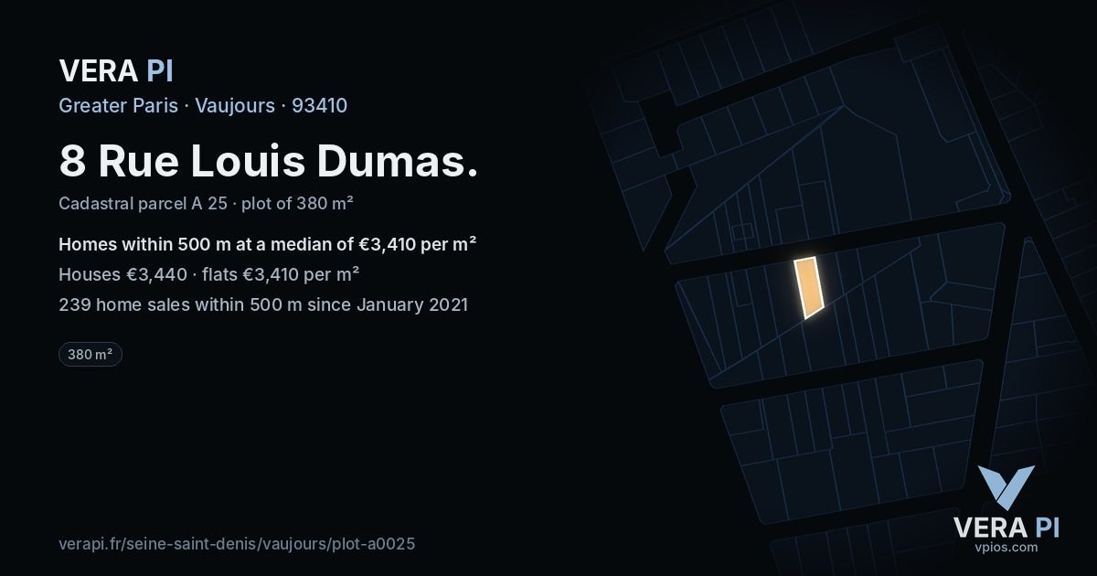 8 Rue Louis Dumas, Vaujours at night – the plot lit, the parcels around coloured by the prices near them