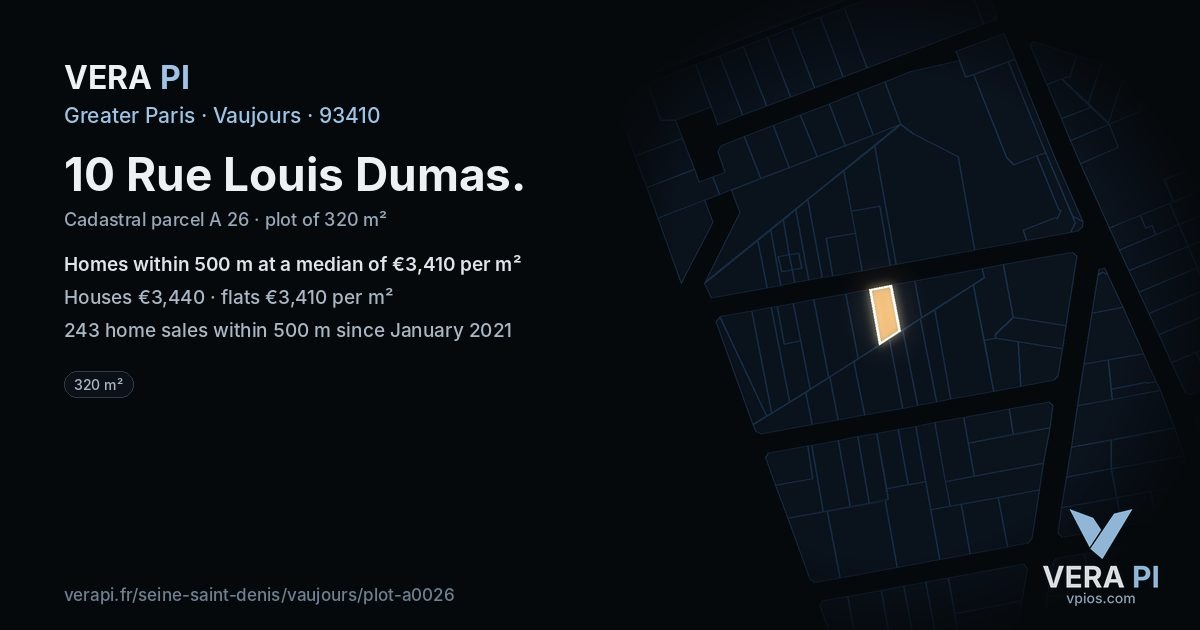 10 Rue Louis Dumas, Vaujours at night – the plot lit, the parcels around coloured by the prices near them