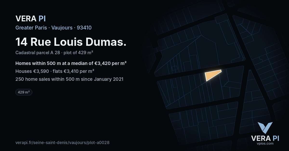 14 Rue Louis Dumas, Vaujours at night – the plot lit, the parcels around coloured by the prices near them