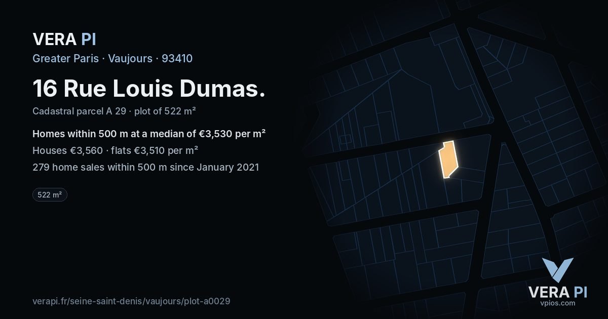 16 Rue Louis Dumas, Vaujours at night – the plot lit, the parcels around coloured by the prices near them
