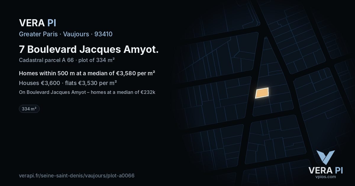 7 Boulevard Jacques Amyot, Vaujours at night – the plot lit, the parcels around coloured by the prices near them