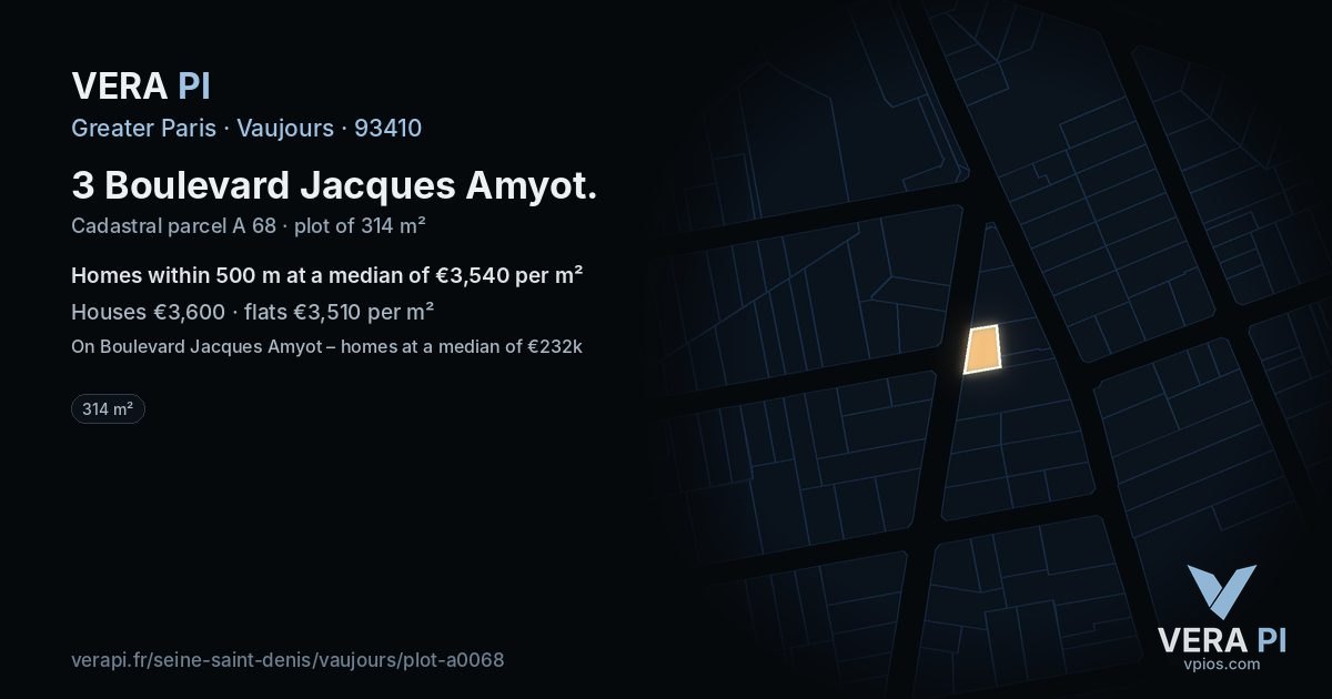3 Boulevard Jacques Amyot, Vaujours at night – the plot lit, the parcels around coloured by the prices near them
