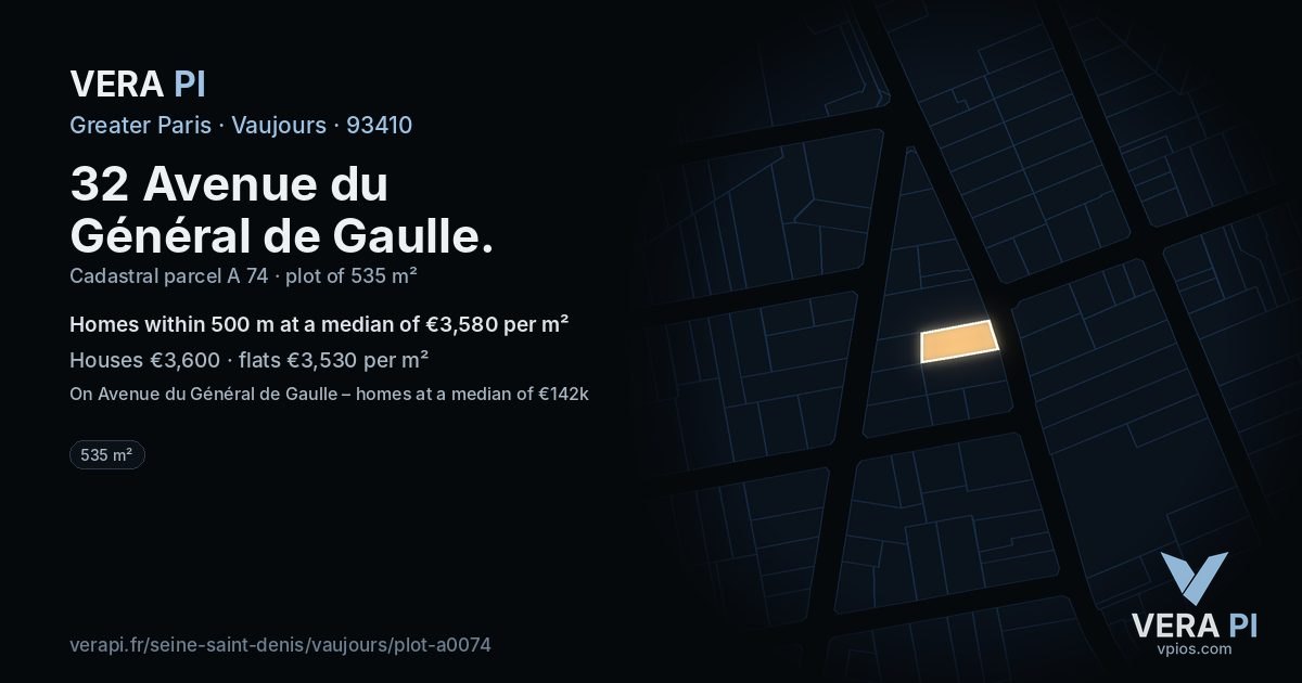 32 Avenue du Général de Gaulle, Vaujours at night – the plot lit, the parcels around coloured by the prices near them