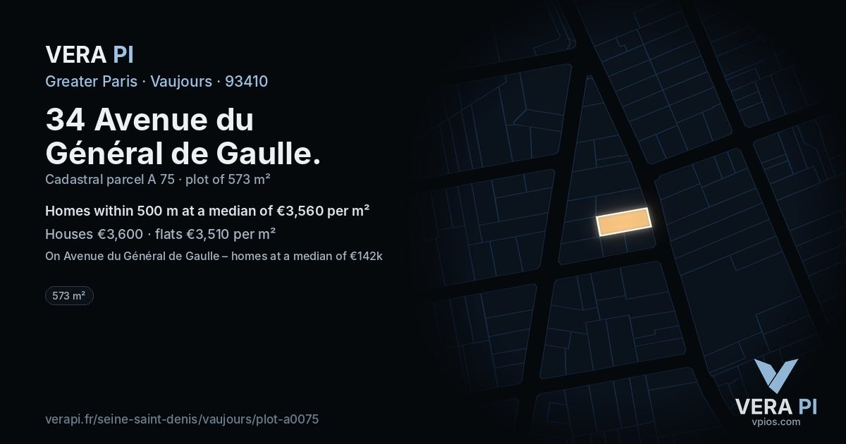34 Avenue du Général de Gaulle, Vaujours at night – the plot lit, the parcels around coloured by the prices near them
