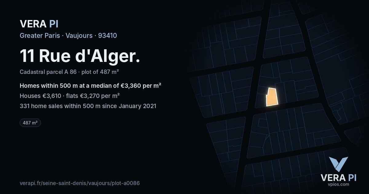 11 Rue d'Alger, Vaujours at night – the plot lit, the parcels around coloured by the prices near them