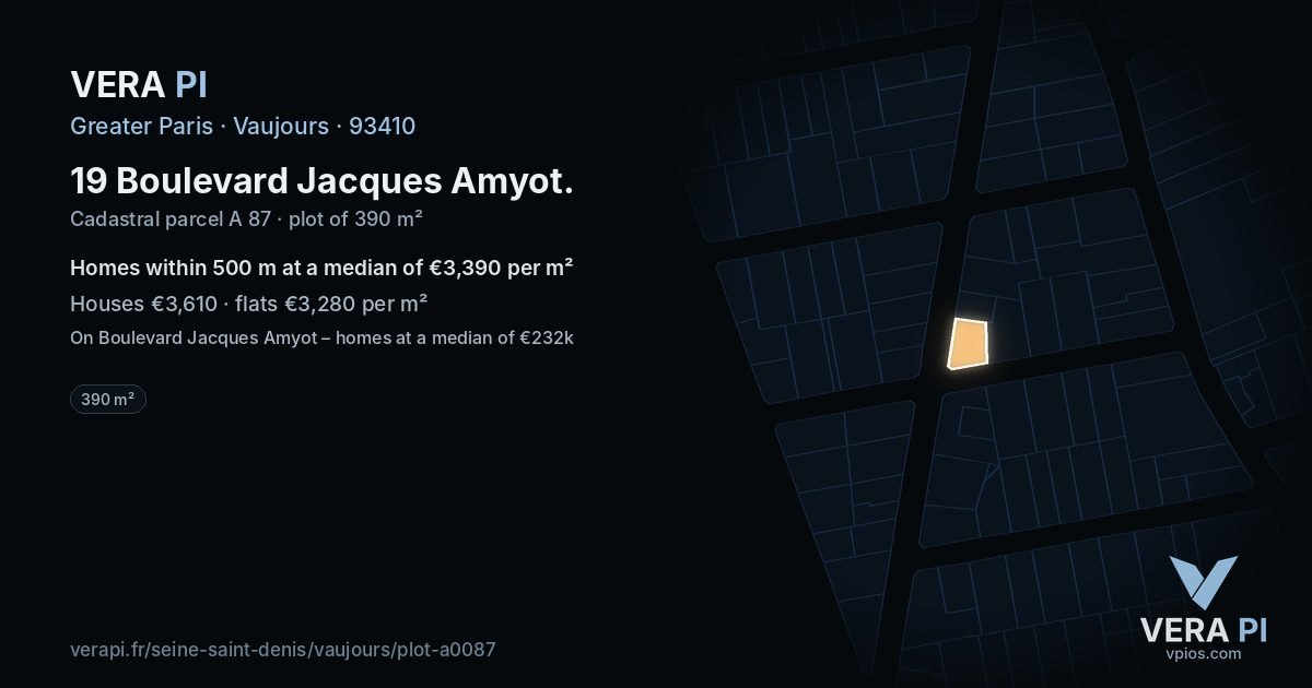 19 Boulevard Jacques Amyot, Vaujours at night – the plot lit, the parcels around coloured by the prices near them