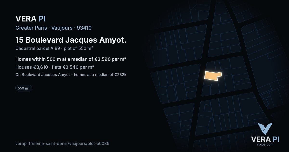 15 Boulevard Jacques Amyot, Vaujours at night – the plot lit, the parcels around coloured by the prices near them