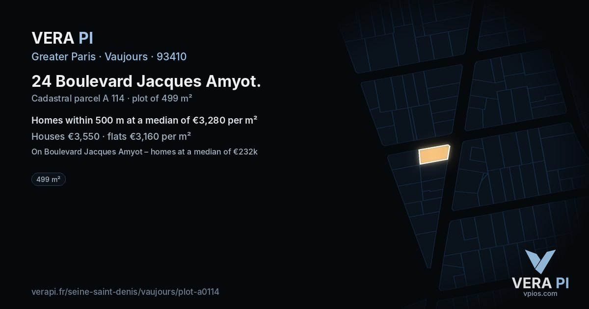 24 Boulevard Jacques Amyot, Vaujours at night – the plot lit, the parcels around coloured by the prices near them