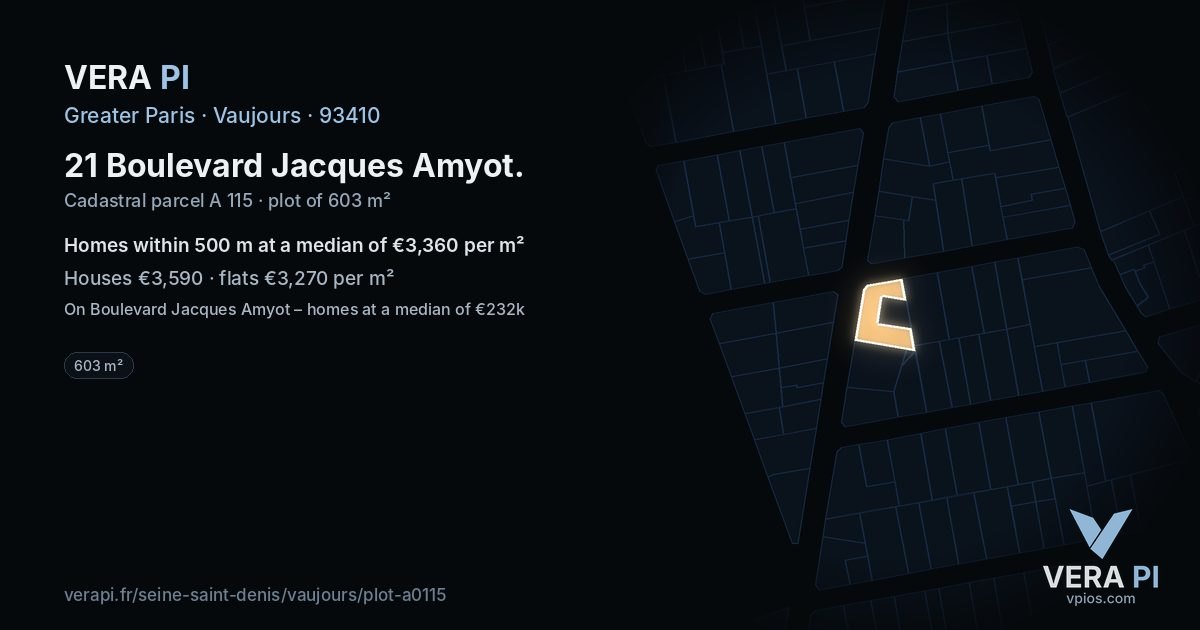 21 Boulevard Jacques Amyot, Vaujours at night – the plot lit, the parcels around coloured by the prices near them
