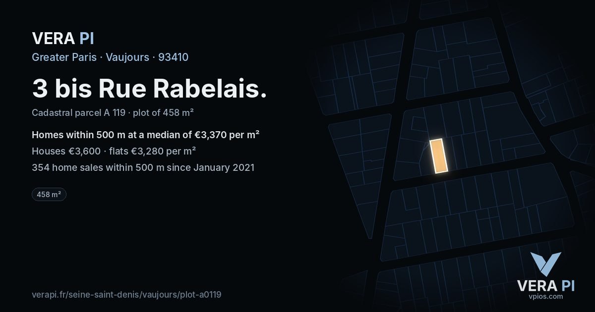 3 bis Rue Rabelais, Vaujours at night – the plot lit, the parcels around coloured by the prices near them
