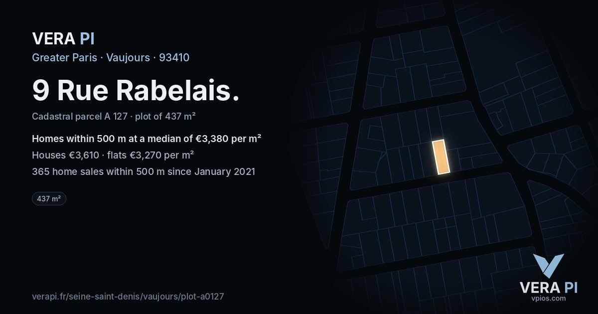 9 Rue Rabelais, Vaujours at night – the plot lit, the parcels around coloured by the prices near them