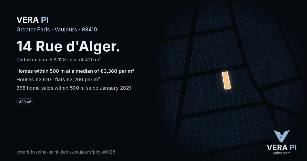 14 Rue d'Alger, Vaujours at night – the plot lit, the parcels around coloured by the prices near them