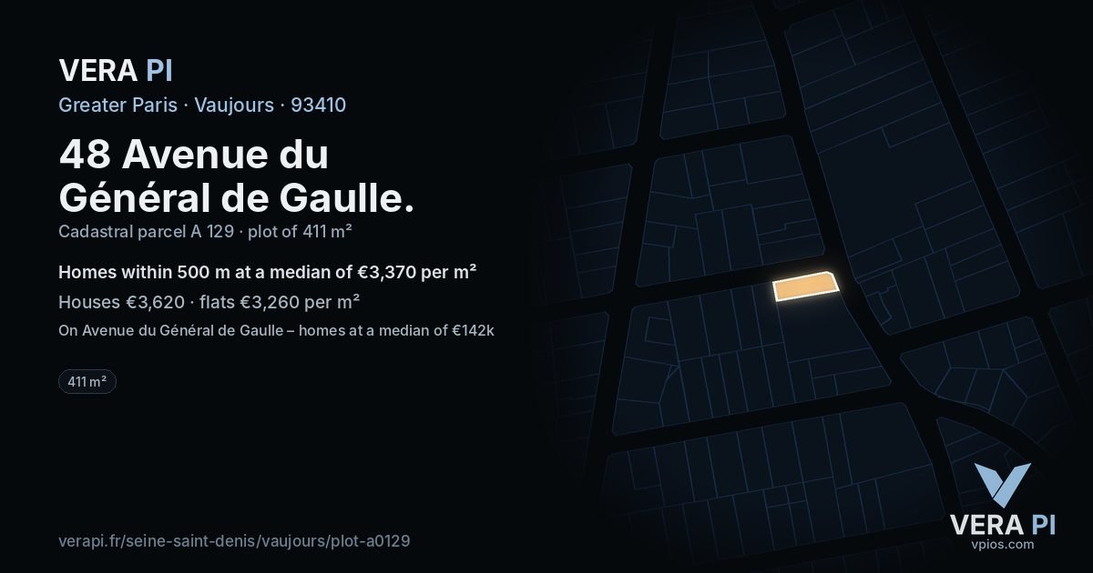48 Avenue du Général de Gaulle, Vaujours at night – the plot lit, the parcels around coloured by the prices near them