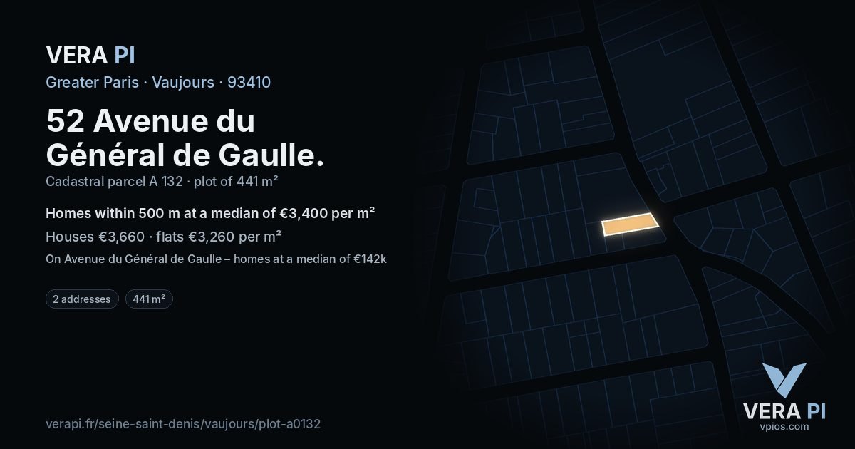 52 Avenue du Général de Gaulle, Vaujours at night – the plot lit, the parcels around coloured by the prices near them
