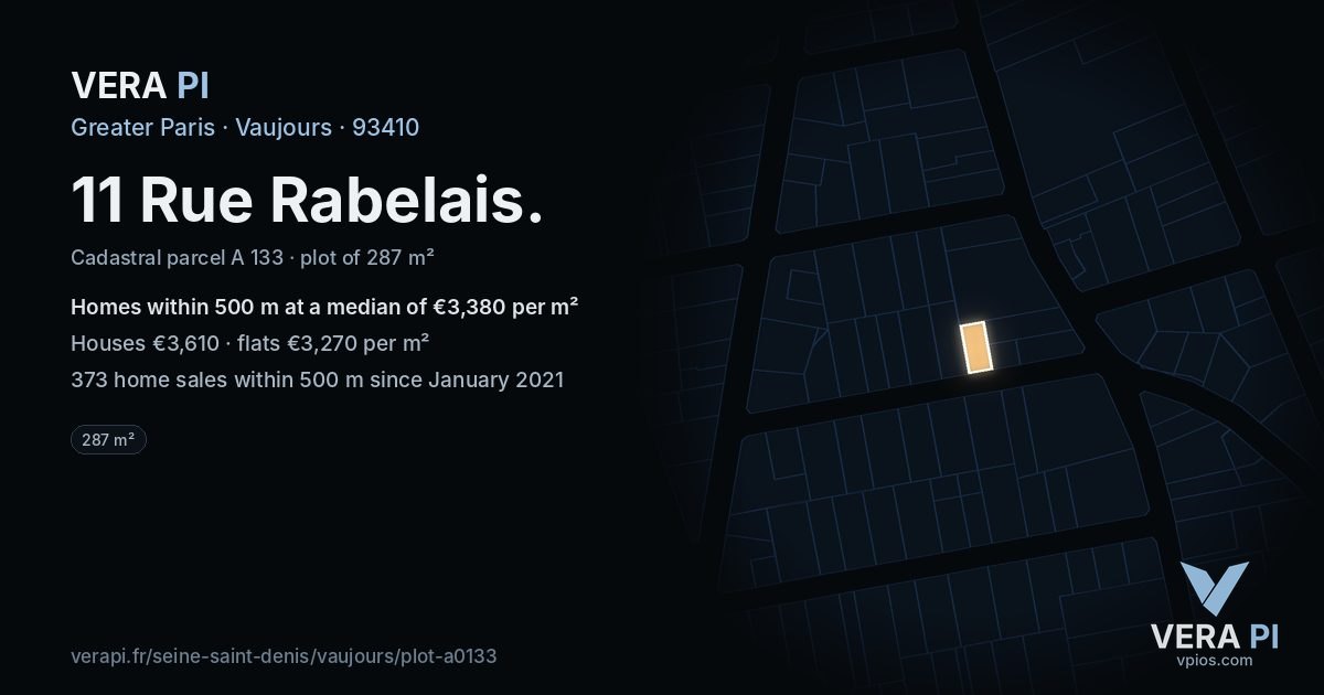 11 Rue Rabelais, Vaujours at night – the plot lit, the parcels around coloured by the prices near them